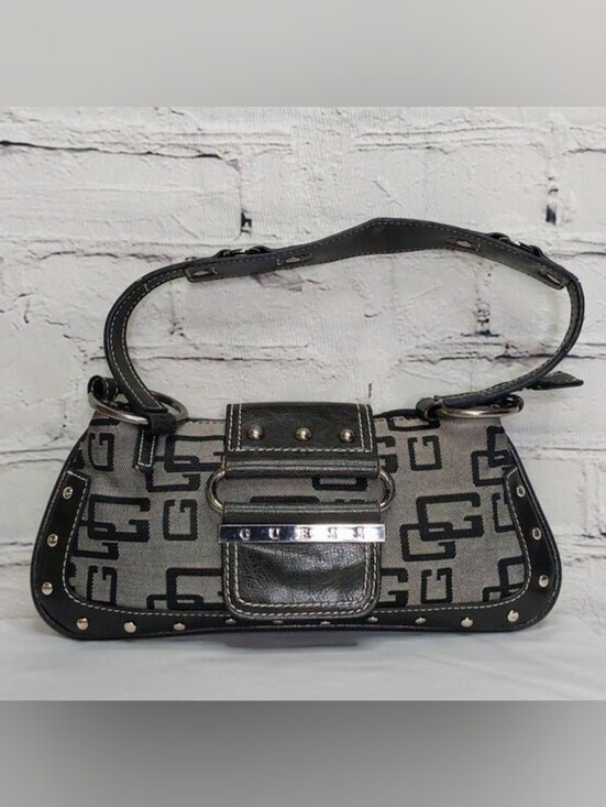 Guess Handbags - 'GUESS' STUDDED MONOGRAM SHOULDER BAG SIGNATURE BIMBO BAGUETTE
